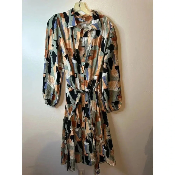 Nine West Women's Long Sleeve Abstract Printed Button-Up Shirt Dress Size XXL - Picture 2 of 6